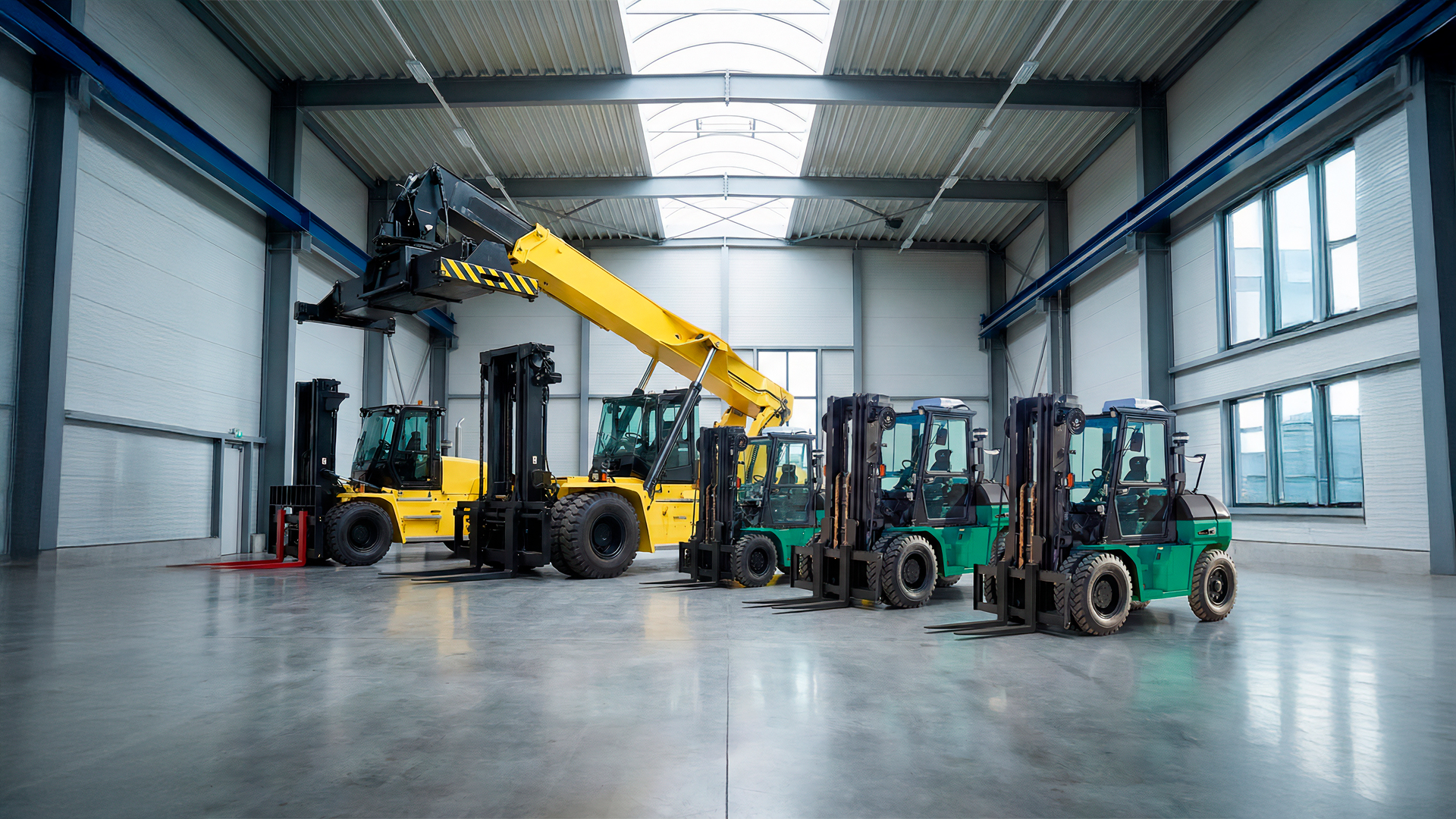 Warehouse with stock of forklifts and industrial lifting machinery.