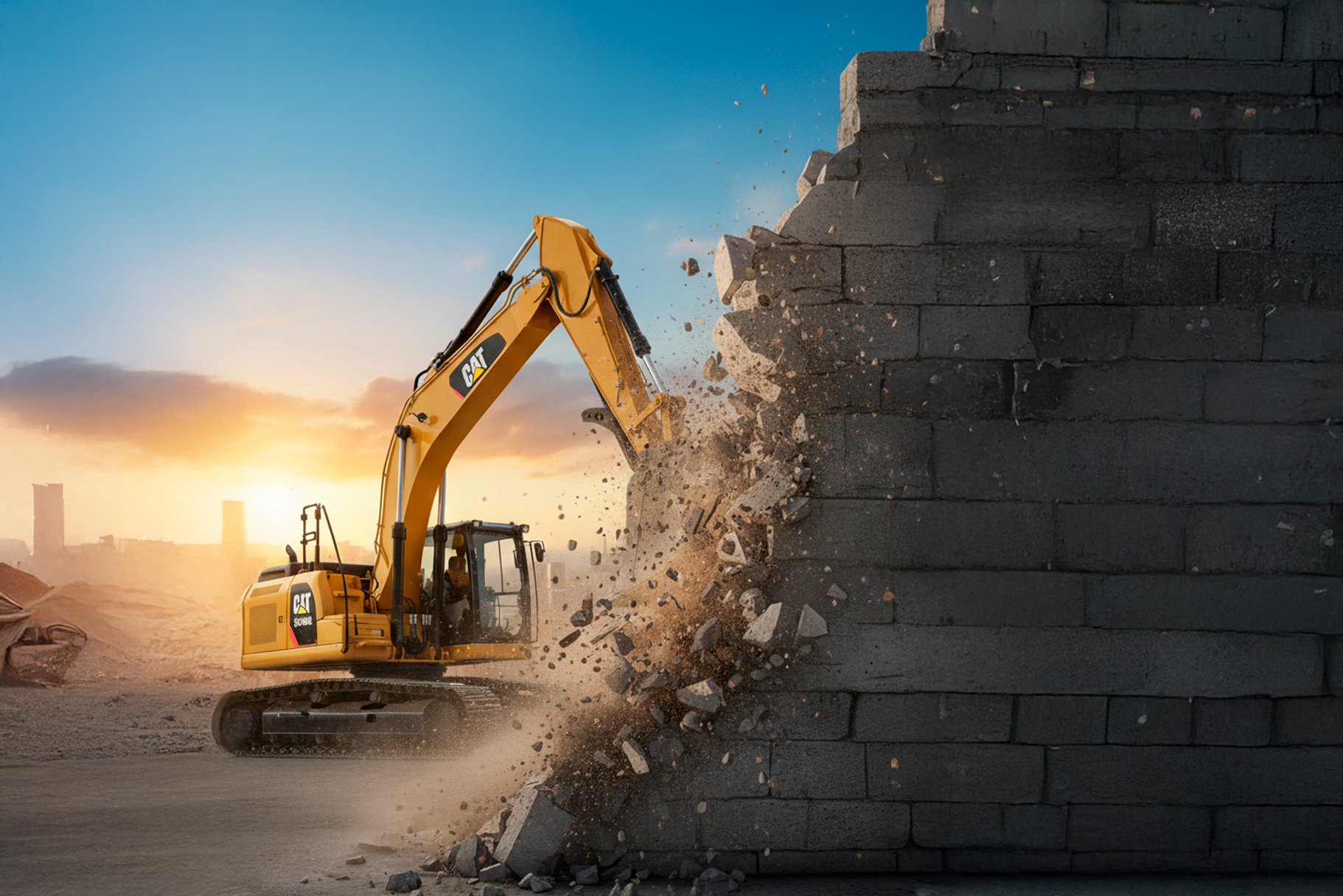 Yellow CAT excavator breaking down a concrete wall at sunset, symbolizing myth-busting in construction equipment.